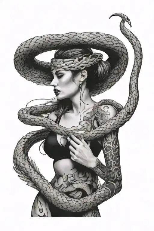 Female Body Holding Snake Wrapped