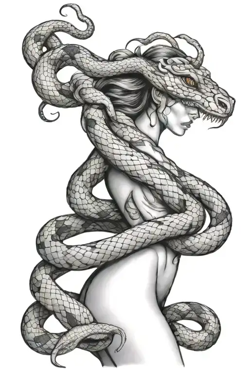 Female Body Holding Snake Wrapped