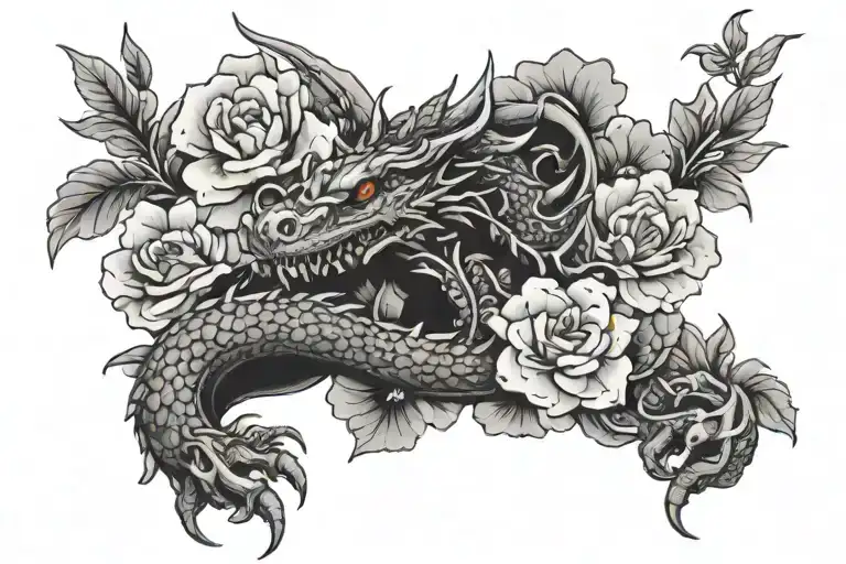 Flowers And A Dragon And Sakura On The Hand Like A Bracelet
