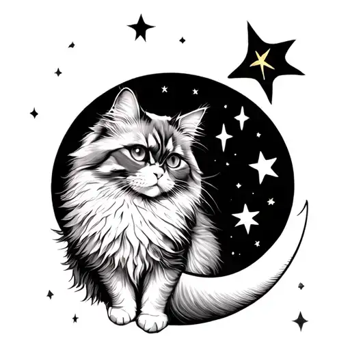 Angora Cat On Crescent Moon And A Shooting Star