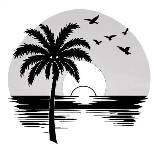 Palm Tree With Sunset And Birds Perched