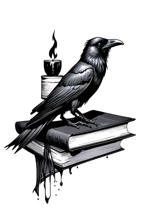 Raven On Top Of Books With A Hocus Pocus Black Flame Candle