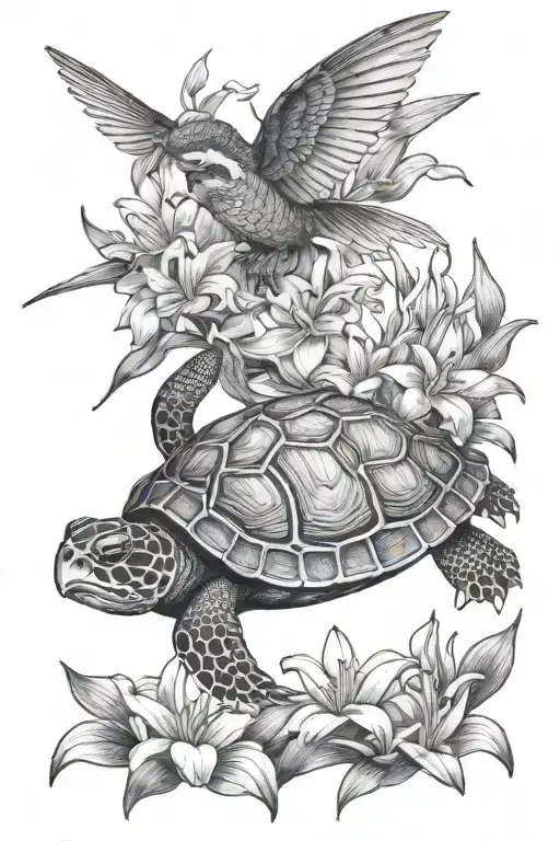 Native Turtle With Humming Bird And Lillies