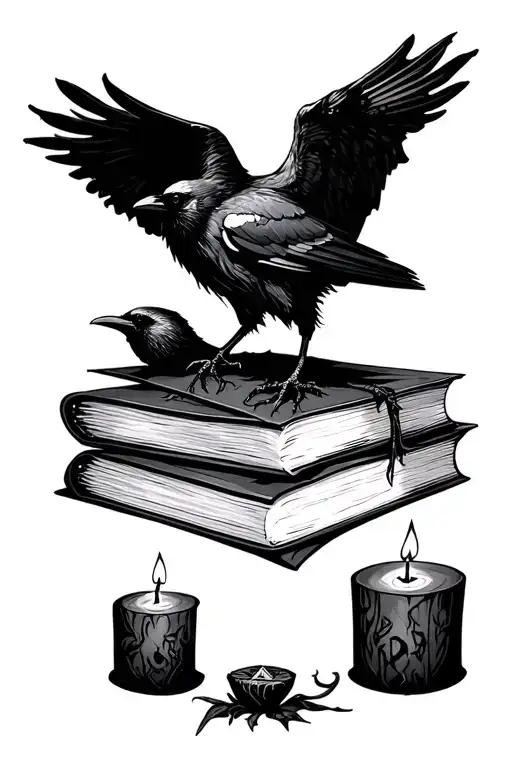 Raven On Top Of Spellbooks With A Hocus Pocus Candle
