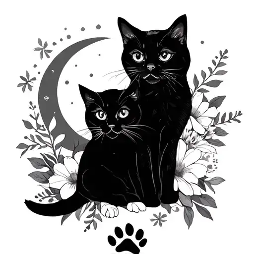 Design Me A 1 To 2 Inch Tattoo Of A Cat With A Moon And Flowers With A Puppy Paw Print