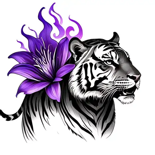 Realistic Tiger And Purple Fire Flower