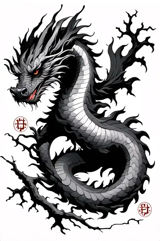 Japanese Dragon And Oak Tree Branch With Runes