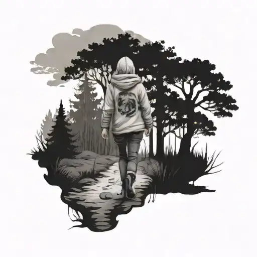 Girl In Pants And Hoodie Walking Down Path Into Forest