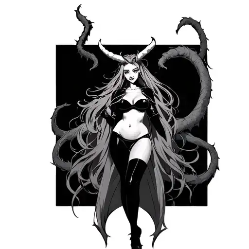 Demonic Girl Standing Long Demon Tail Long Hair Big Breast Smiling