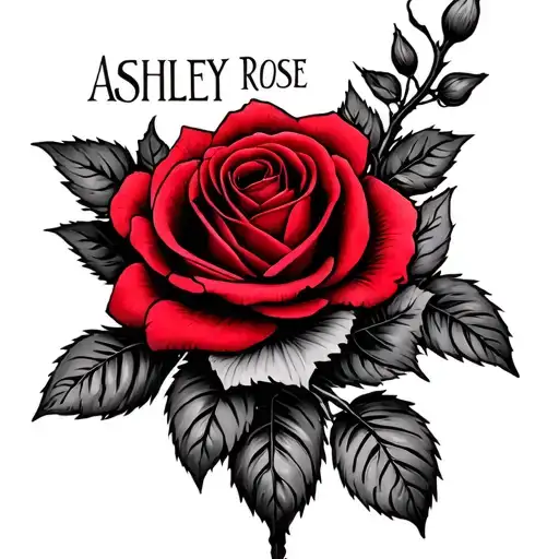 The Name Ashley Rose With A Vine Intertwined And A Red Rose