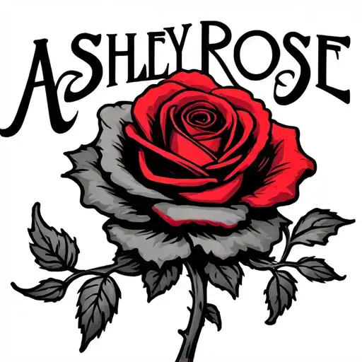 The Name Ashley Rose With A Small Vine Intertwined And A Red Rose
