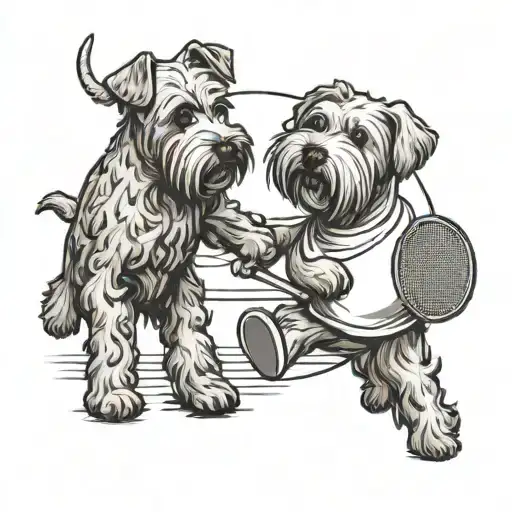 A Whimsical Design Of A Wheaten Terrier And Tabby Cat Playing Tennis Together
