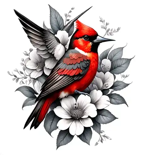 Red Bird & Humming Bird With Flowers