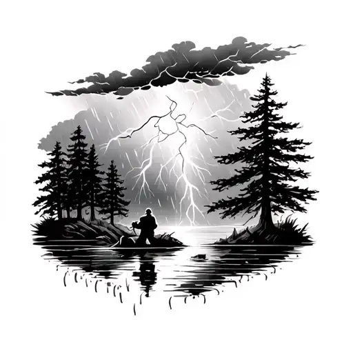Thunder Storm Raining On Fisherman Edge Of Forest Scene