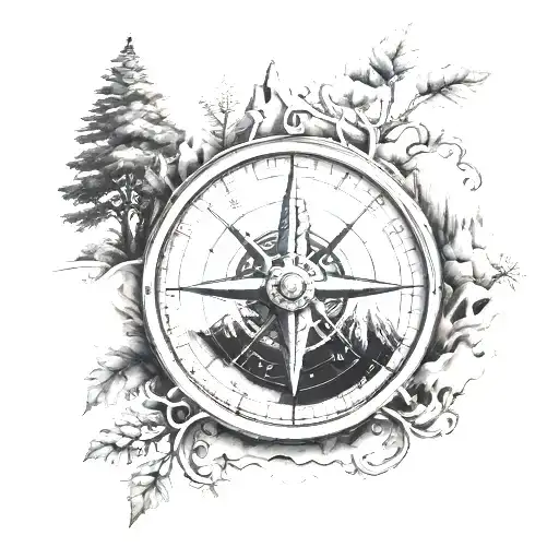3D Compass With Trees And Mountains Inside