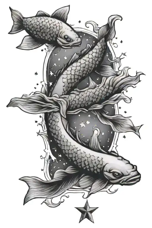 Moon Surrounded By Stars With Koi Fish Swimming