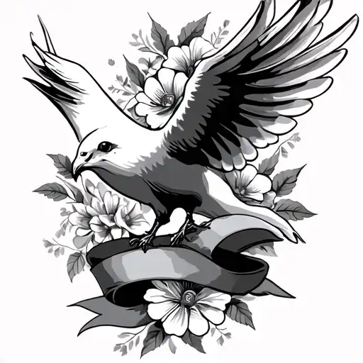 Dove Downwards With Ribbon And Flowers