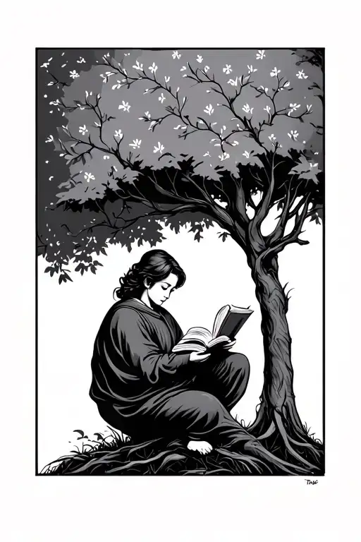 Person Reading A Book Under A Tree Fine Line