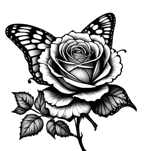Butterfly Rose Fine Line Tattoo Small