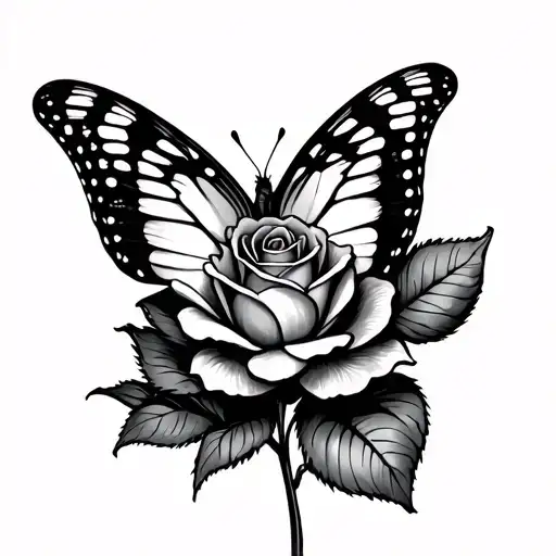 Butterfly Small Rose Fine Line Tattoo Small