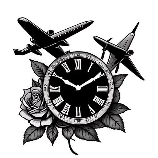 Clock And Airplane And Rose Intertwined