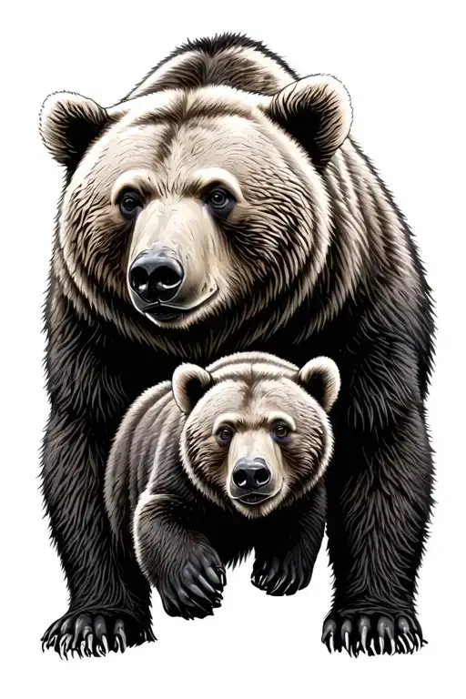 Grizzly Bear With Cub In The Woods Surrounded