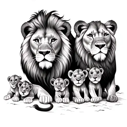 Lion And Lioness With 3 Cubs