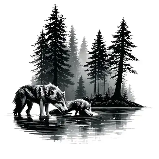 A Forest With Wolfs Drinking Water From A Lake