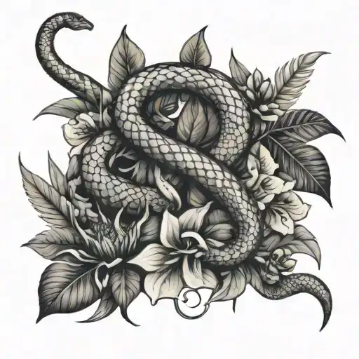 Tropical Foliage With A Snake And Flowers Intertwined