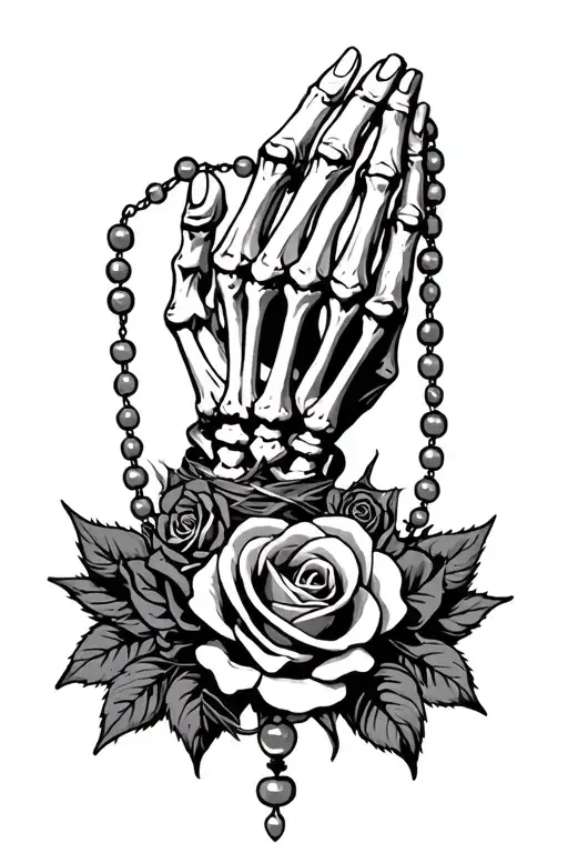 Skeleton Hands Praying With Rosary Beads Wrapped Around And Roses With Thorns Around The Bottom