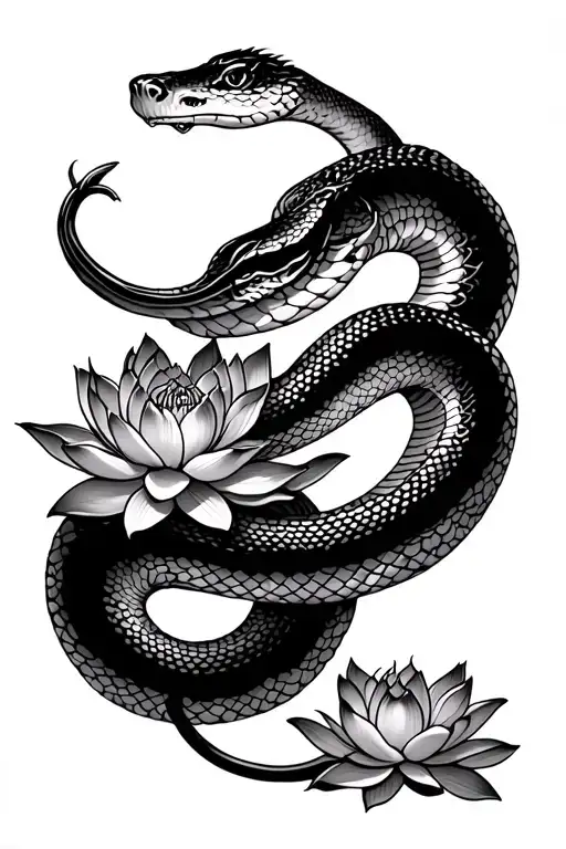 Snake Wrapped Around Lotus Flowers