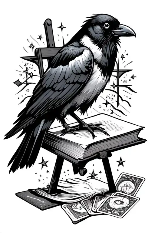 Sleeve Tattoo Of Black And White Crow On Book With Stars And Easel And Tarot Cards