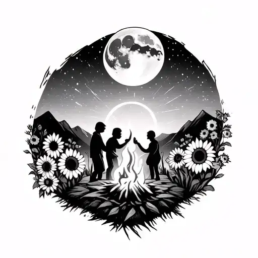 Famil Around A Campfire In The Mountains With Sunflowers And Celestial Galaxy Sun And Moon