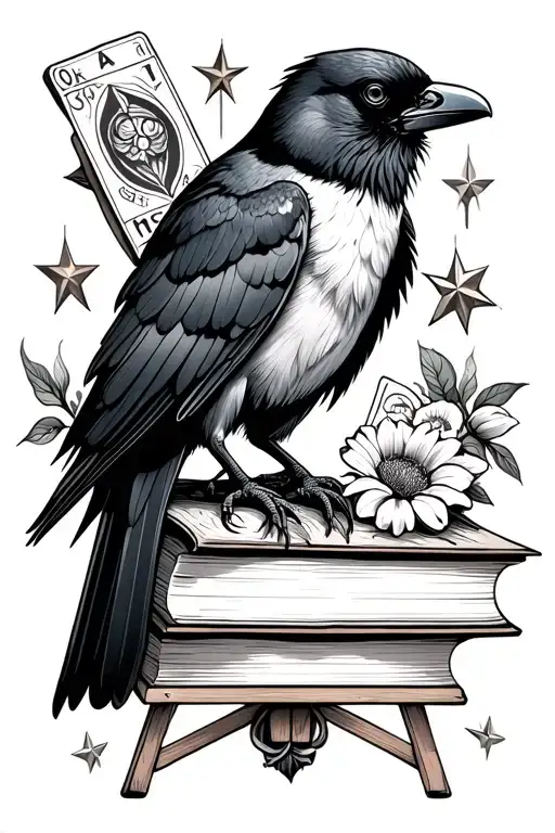 Sleeve Tattoo Of Black And White Crow On Book With Stars And Easel And Tarot Cards And Flowers