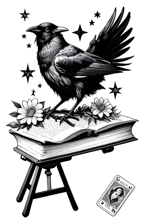 Sleeve Tattoo Of Black And White Crow On Book With Stars And Easel And Tarot Cards And Flowers