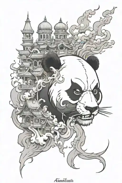 Buildings Morphing Skull Into And Around Smoke Coming Out Of It Is An Oni Panda
