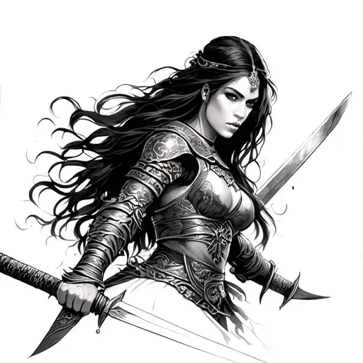 Beautiful Women Warrior Holding Sword Going