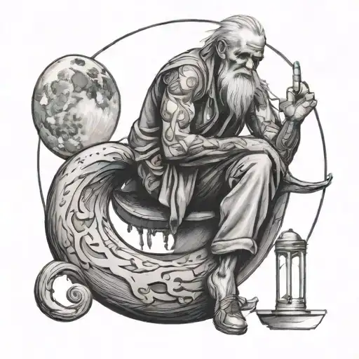 Cresent Moon With An Oldman With An Amputated Leg Sittng On It