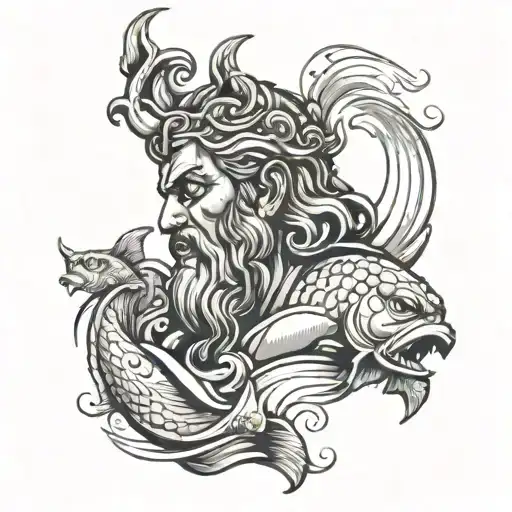 Poseidon Head With Water Waves And Fish Surrounded