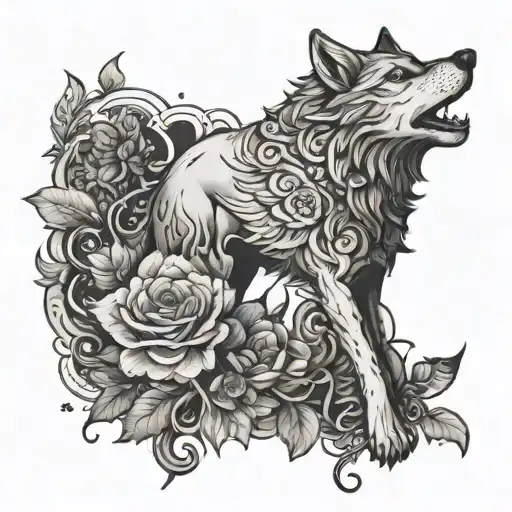 Mythical Lunar Wolf Surrounded By Flowers
