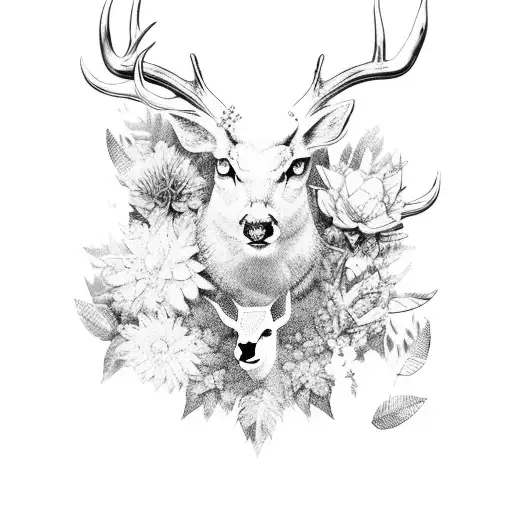 Busty Nature Deer Mountains Waterfall Trees Leaves Flowers Black White