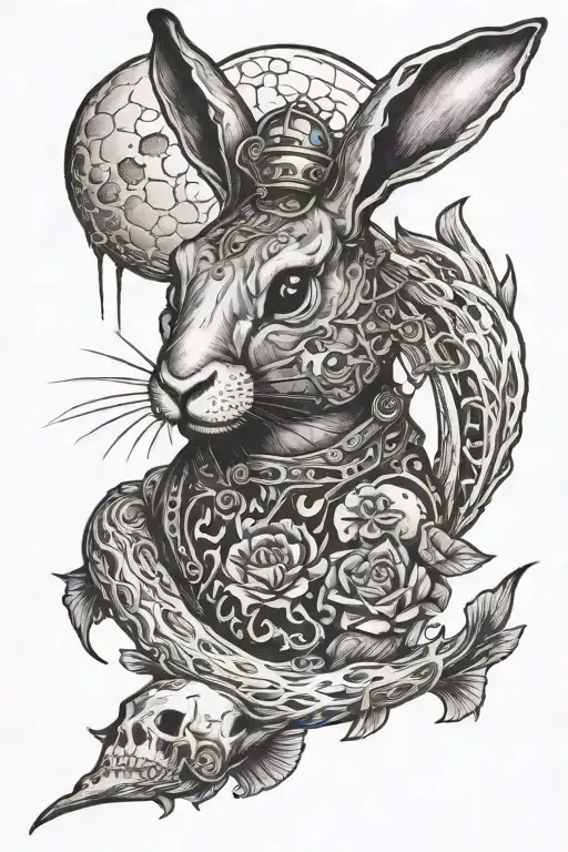 Hare And Fish On The Moon With A Skull