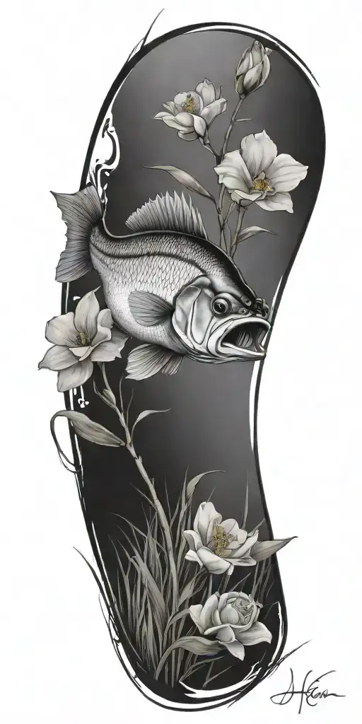 A Bass Fish Hooked In A Pond With Grass Surrounding The Pond Roses And Orchids