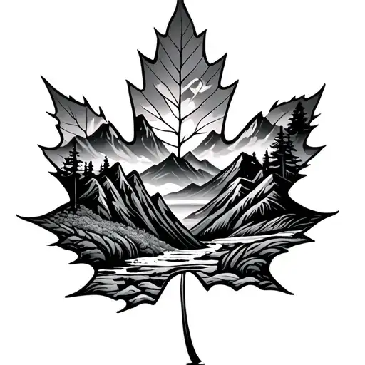 Maple Leaf Outline With River Flowing Through Mountains