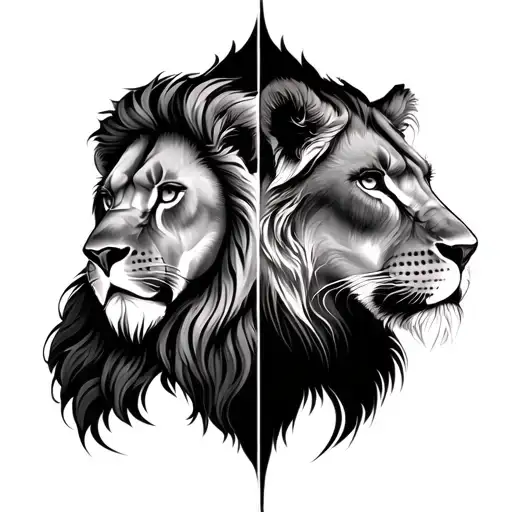 Left Side Lion Face With Right Side Lioness Surrounded