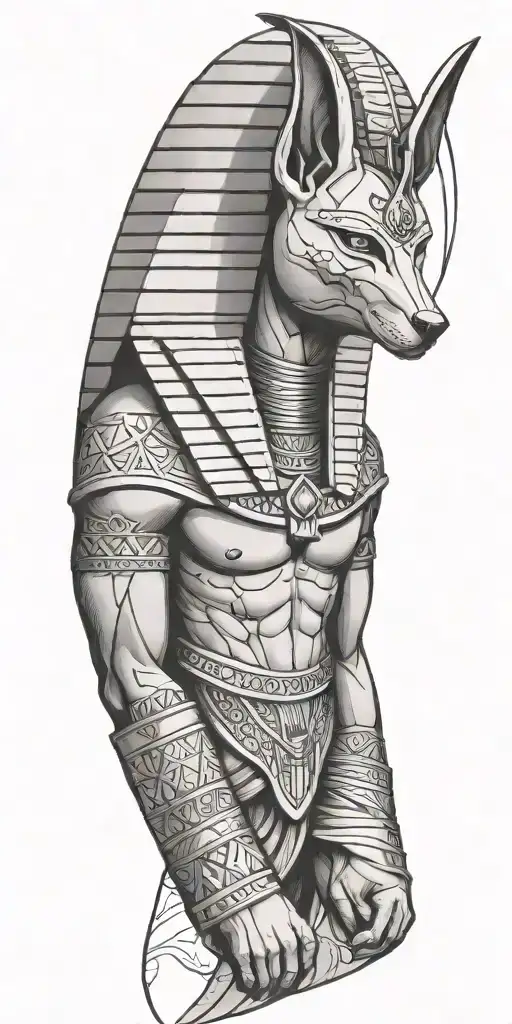 Anubis In A Marching Pose With The Pyramids In The Backround In The Distance