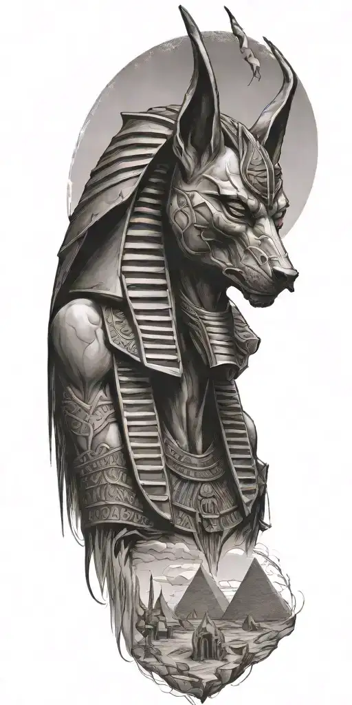 Demon Anubis With The Pyramids In The Distance