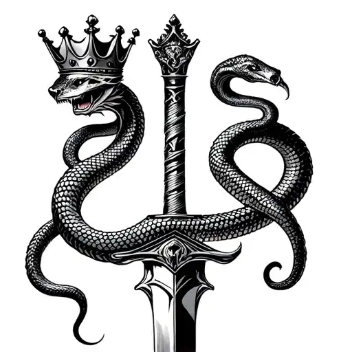 Snake Draped On A Dagger With A Crown On Snake's Head And Dagger's Head