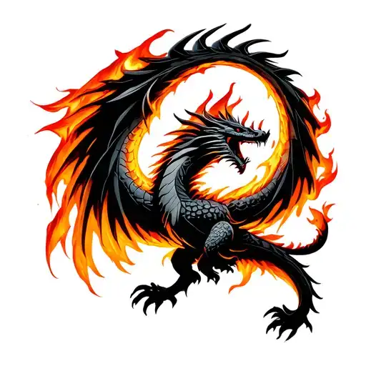 A Black Dragon Inside A Burning Phoenix Bird Minimalistic
