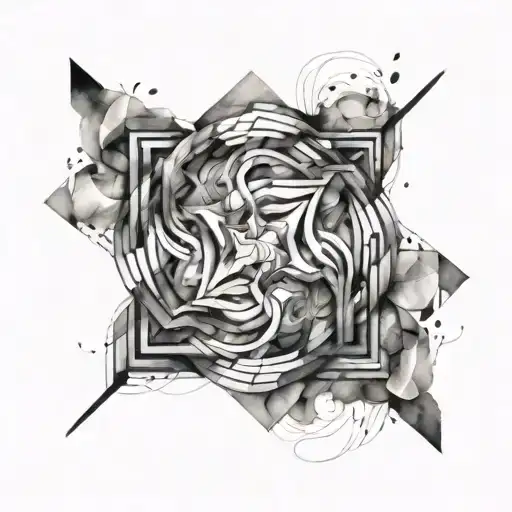 Abstract Watercolor River Flowing Through A Geometric Gemini Symbol